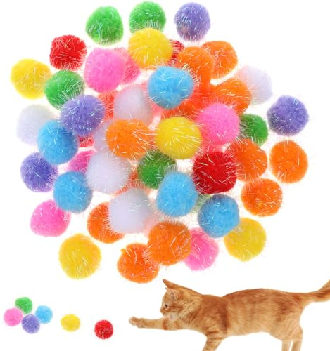 HaiFafafaing 60 st katt-pom-bollar – 3,5 cm interaktiv kattboll leksak – flerfärgad gnistrande luddiga bollar för träning och underhållning