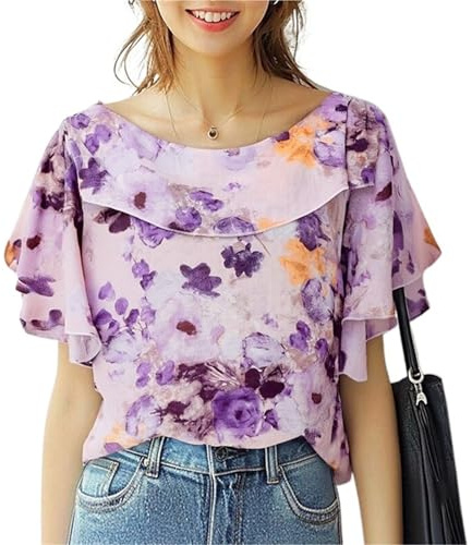 Damblus med volanger chiffongblus sommar för kvinnor, elegant kortärmad volangblus, ledig tunika skjorta festfåll, Lila, XXL
