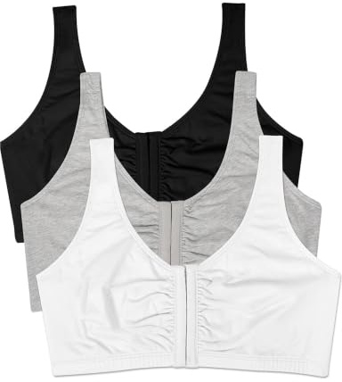 Fruit of the Loom womens Front Closure Cotton Sports Bra, Black/White/Heather Grey 3-pack, 48 US