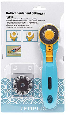 SEMPLIX Rollschneider Maxi 45 mm: Zusätzlich 3 Klingen, Gerade/Zickzack/Welle, mit Schutzmechanismus, zum Nähen und Handarbeiten, für Stoffe/Leder/Papier