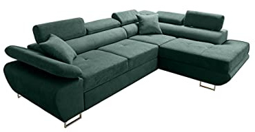 Robin Inspire Saturn Premium Divano angolare con funzione letto cassetto per biancheria e cuscini Poggiatesta regolabili stile moderno verde scuro angolo a destra 272 x 200 x 90