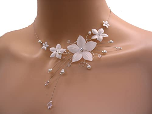 Générique Collier mariée 5 fleurs satin ivoire, bijoux fantaisie mariage fabriqué en France