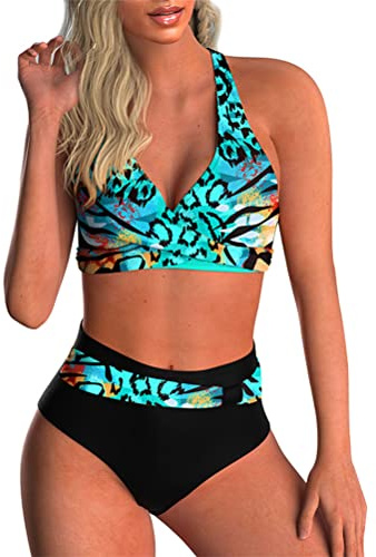 Yutdeng Bikinis Mujer Braga Alta Push Up Cuello V Bañadores Mujer Natacion Retro Trajes de Baño de Dos Piezas Control del Vientre Biquini Reductores Barriga Bikini Triangulo