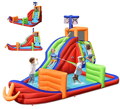 COSTWAY Château Gonflable Bateau Pirate 6 en 1, 316,5 x 428,5 x 286 cm, avec Long Toboggan, Mur d'escalade, Pataugeoire, Jeu de Fléchettes, Lancer d'Anneaux et Pistolets à Eau