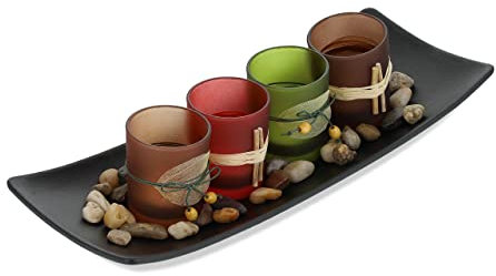 Relaxdays Teelichthalter Set mit Tablett & Steinen, 34 cm lang, Tischdeko Wohnzimmer, Esszimmer, 4 Teelichtgläser, bunt