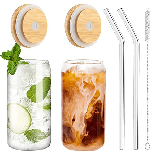 WISIMMALL Drinking Glasses with Bamboo Lids and Glass Straw 2PCS Set, 16oz Glass Cups with Lids and Straws, Beer, Iced Coffee Glasses, Soda, Gift 1 Cleaning Brushes
