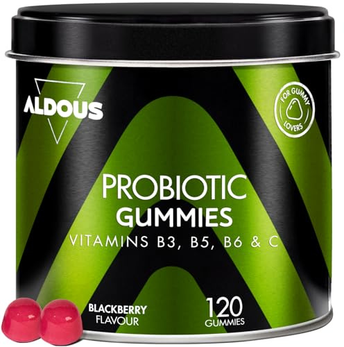 Probióticos Intestinales Gominolas - 120 Gummies sabor natural a Mora - Flora intestinal, Gases, Hinchazón - Bifidobacterium, Lactobacillus, Vitamina C, B3, B5, B6 - ALDOUS