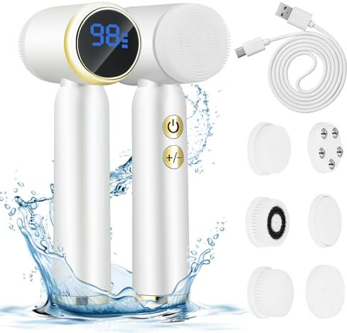 Facial Cleansing Brush,Electric Facial Cleanser with 6 Exfoliating Brush Heads,360° Rotating Face Exfoliator Cleanser with 3 Speed Levels,LCD Display,IPX6 Waterproof