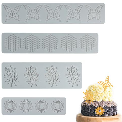 4Pcs Dentelle Silicone Moule Gâteau Gaufrage, Tapis de Mat Fondant Artisanat Outils Fleur Motif Feuilles Décorer Moules d'artisanat de Sucre à Pâtisserie pour Fondant Chocolat Desserts Fruit Gelée