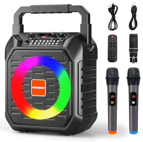 HUABAO Karaoke Machine with 2 Wireless Microphones, Portable Microphone Speaker for Adults and Kids, PA System with LED Lights, Supports USB/AUX/FM/TF Card, for Party/Meeting
