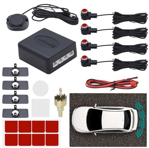 KAOLALI Auto Einparkhilfe 4 Hinten Sensoren, Universal Auto Parksensoren Rückwärtsparkhilfe Einparksystem Audio Buzzer Alarm für Auto, Rot