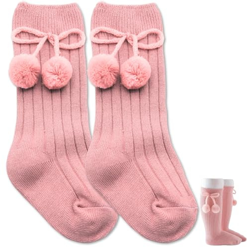 BABYZOCO Calcetines Largos de Algodón Con Pompones, Medias Largas de Algodón para Bebés, Calcetines de Rodilla para niños, Calcetas de Bebé, Apto para niños/as de 3 a 12 Meses Talla S, Algodón, Rosa