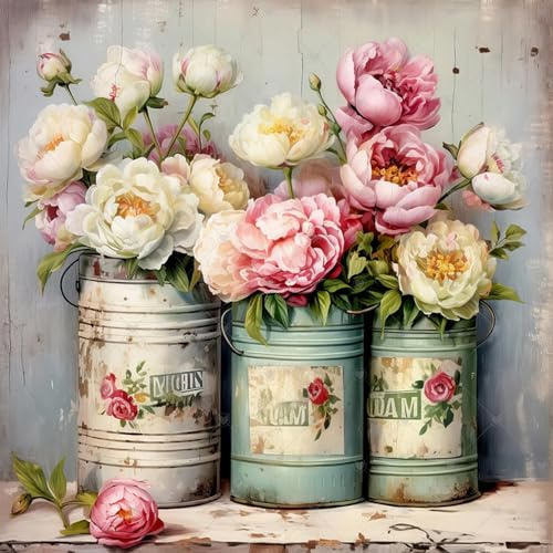 MEIYUDA Kits de pintura de diamantes retro de latas y flores para adultos, arte de diamantes 5D para adultos, principiantes, niños, kits de arte de pintura de diamantes, arte de cristal, punto de cruz