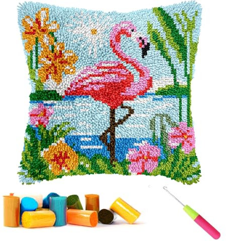 CCWORAN Flamingo Knüpfkissen-Set für Erwachsene, Anfänger, Kinder, Kissenbezug, Häkeln, Bastelsets, vorgedruckte Leinwand, Wolle, Garn, Hobbys, DIY, Sofa, Heimdekoration, Frauengeschenk, 7