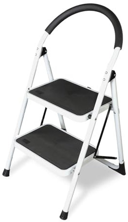 Big RED 2 Step Ladder: Ergonomic Folding Stool with Anti-Slip Pedal, Step Stool with Padded Handle for Kitchen, Household, Offices. 400 lb Capacity