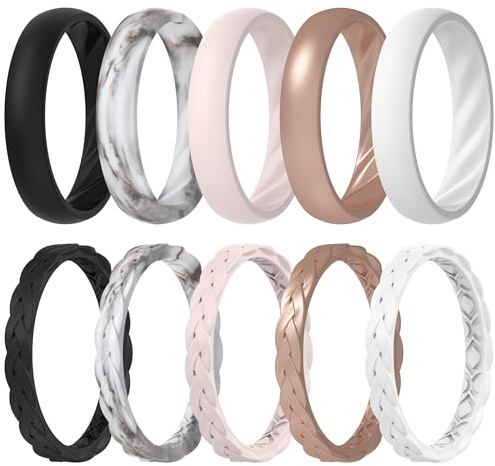 ThunderFit Silicone Rings for Her - Mix Women's Silicone Wedding Rings, 1.8mm Thick Rubber Engagement Rings Braided & 4mm Classic Rings Combo, 10.5 - 11 (20.60mm), Silicone, No Gemstone
