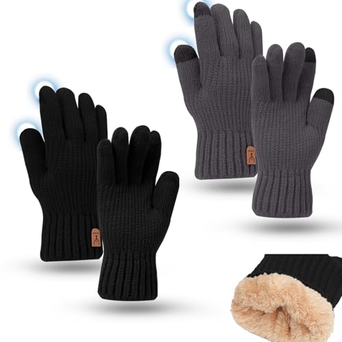 Mayoii 2PCS Winter Gloves for Men and Women,Thermal Knit Touchscreen Gloves with Fleece Lining,Womens Mens Glove Touchscreen for Running,Ski,and Cold Weather (Black+DarkGray, One Size)