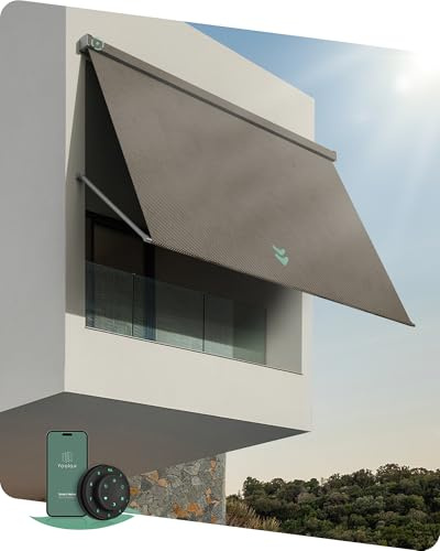 Yoolax Motorized Retractable Awning, Solar Powered Electric Retractable Patio Awning with Remote 0°-160°Adjustable, Outdoor Sun Shade Canopy for Balcony, Doors, Window, Custom Size (Dark Brown)