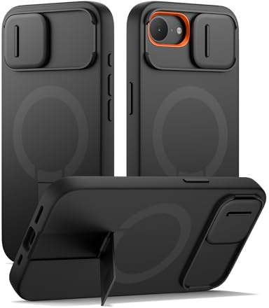 SURITCH Cover Magnetica compatibile con iphone 16e/17e, alloggiamento a prova di urti custodia protettiva con coperchio della fotocamera scorrevole e supporto regolabile(nero)