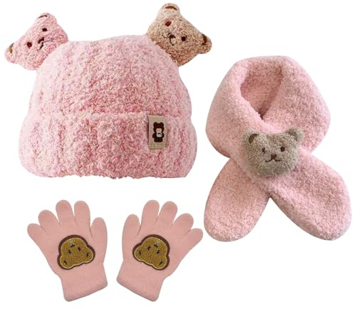 KASESSS 3 in 1 Conjunto Bufanda Gorro y Guantes Niño, Cálido Guantes Gorro y Bufanda Niña, Grueso Polar Gorro y Bufanda Bebe con Patrón de Oso para Deportes al Aire Libre de Invierno (Rosa)