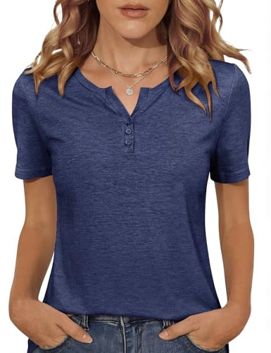 Totatuit T-Shirt da Donna a Manica Corta Scollo a V Estiva Modello Henley con Bottoni Tinta Unita Top Casual Basic