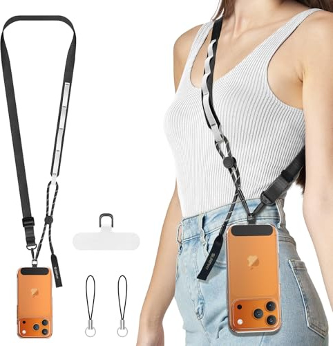 SURPHY Cordón Luminoso para Móvil, Correa Antirrobo Reflectante Ajustable 78-148cm, Cuerda Anticaídas para Eventos Nocturnos, Viajes y Uso Diario, Ajuste Seguro para la Mayoría de Teléfonos,Negro