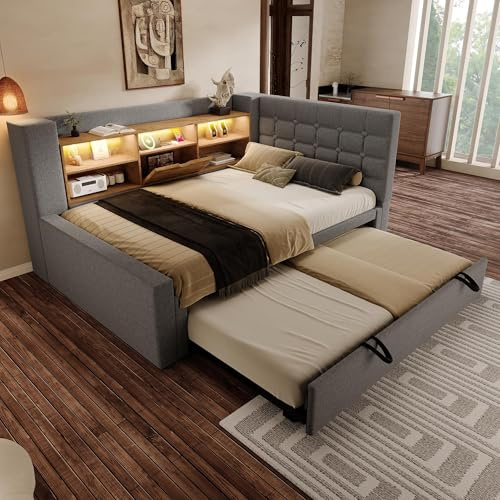 Yrxin Letto imbottito con illuminazione a LED, 90 x 200 cm, con letto estraibile 90 x 190 cm, testiera a forma di L con vano portaoggetti, montato su entrambi i lati, rete a doghe, lino (grigio, 90 x