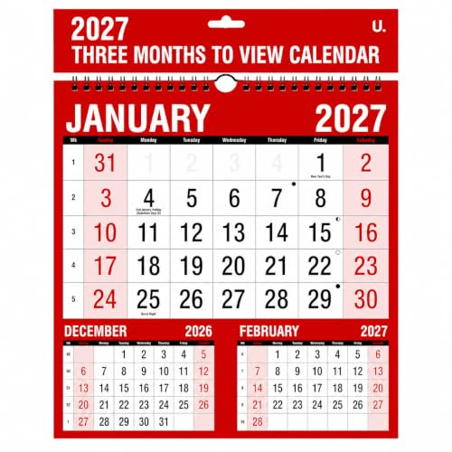 3 Month to View Planner 2027 Wall Calendar – Red & Black Monthly Planner, Spiral Bound Month View Calendar, Hanging Wall Organiser for Home, Office & School, 30 X 24 X 0.5cm Pack of 1