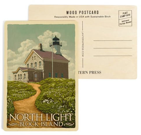 Block Island, Rhode Island, North Light, Letterpress (4x6 Birch Wood Postcards, 2-Pack Stationary, Rustic Home Wall Decor)