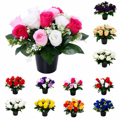 Mr. Barry's 25cm Grave Flower Pot with Foam Insert (Pink, Cerise & Cream) | Artificial Pink, Cerise & Cream roses grave flower pot with foam insert for cemetery, memorial and graveside displays