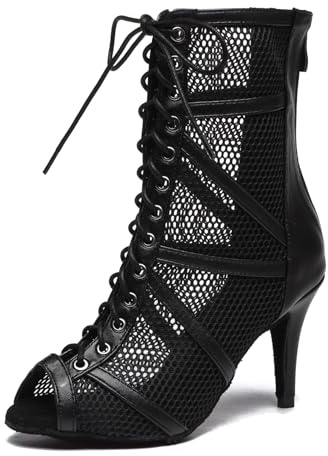 MINITOO Profesional Latino Salsa Baile Zapatos Malla Boda Fiesta Club Botas con Cordones L555 Negro EU 37