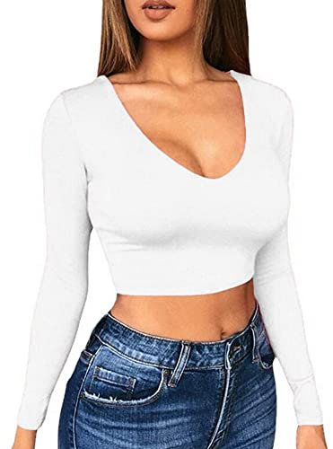 TOEECY Damen Strick Langarm Crop T-Shirt V-Ausschnitt Top Bauchfrei Oberteile Casual Sexy Tops Langarmshirts Langarmtops Pullover Lässig T-Shirts Basic Slim Oberteil (Weiß,S)