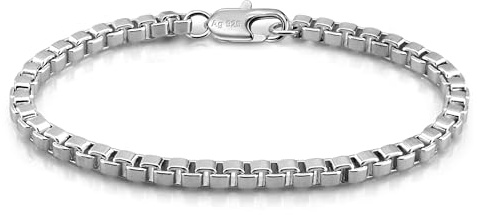 Dankadi Bracelet Maille Vénitienne Fin 3MM 5MM en 925 Argent, Chaîne en Forme Boîte Carrée Ronde Jonc Souple Rolo Fine Design Italien 6.3 à 9 Cadeau de Bijoux pour Homme Femme (7.5, 3MM Boîte)