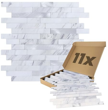 Dalsys Wandpaneele selbstklebend Mamor-, und Steinoptik 1m², 11 Stück Weiß Silber Wandverkleidung feuchtigskeitsbeständig, Premium Qualität für Bad und Küche, rechteckige Form