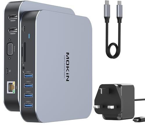 MOKiN USB C Docking Station for MacBook 3 Monitor, Mac Docking Station Dual Monitors with 65W Power, USB C Dock Dual 4K HDMI, VGA, 4 USB 3.0, RJ45 Gigabit Ethernet, 100W PD, SD/TF, Audio for Dell HP