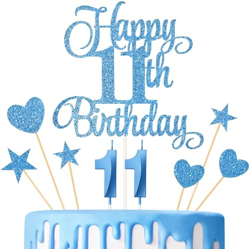 Lecferrarc 11th Birthday Cake Decorations, 11th Birthday Candles Cake Numeral Candles and Glitter Happy 11th Birthday Cake Toppers Set for Birthday Party Supplies (Blue)