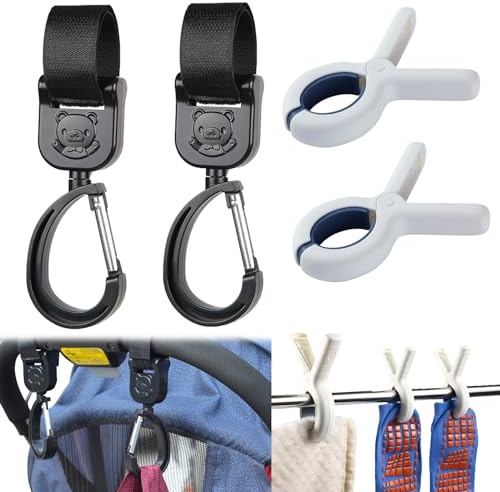 KASESSS 2 Piezas Ganchos Carro Bebe y 2 Piezas Pinzas para Cochecito, Gancho Carro Bebe Giratorio Universal, Clips para Cochecito Sin Rastro, Ganchos Carrito Bebe Multifunción Accesorios Carro Bebe