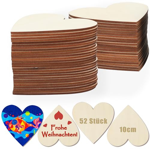 SOSMAR 52 Stück Holzherzen Deko 10cm Holzscheiben Herz Holzplatten zum Basteln Beschriften Malen Brandmalerei Aufhängen für Hochzeitsdeko Weihnachten Geburtstag Valentinstag