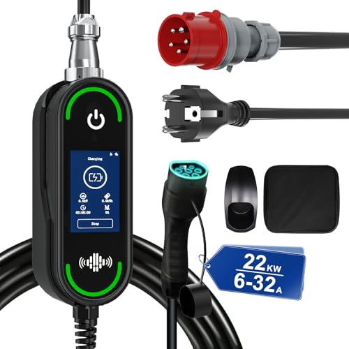 BENY Mobile Wallbox 22kW mit Typ 2 Ladekabel 6m, Smart App-Steuerung 6-32A Einstellbare Ladestation - Tragbare Touchscreen EV Ladegerät für Elektroautos & PHEVs | Adapter CEE32 3-Phasig + EU Schuko