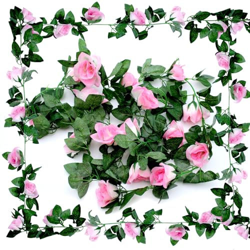 AIMEKE 2 Pezzi Ghirlanda Fiori Rose Artificiali Vite Finte Rose Fiori 2 × 2.3 m Piante Artificiali Rampicante per Nozze Giardino Recinzione Decorazione (Rosa)