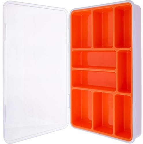 InLine® Caja para piezas pequeñas, 9 compartimentos, organizador de tornillos y accesorios, con tapa de clip y compartimento interior extraíble, resistente y compacto, color naranja 43009I