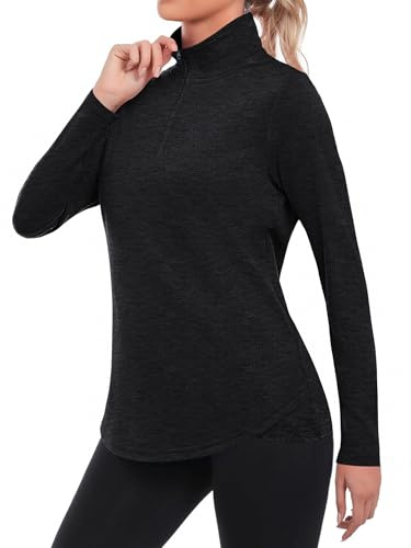 PINSPARK Långärmade löptoppar dam 1/4-dragkedja gymtoppar lätt pilates yoga topp UPF 50+ rashguard träningskläder snabbtorkande sport golf polotröjor, Svart, S