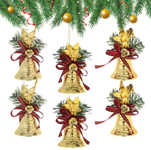 JOINPAYA 6Pcs Christmas Bell Ornaments: Gold Hanging Jingle Bells with Red Bow and Angel Shape for Xmas Tree Home Door Garden Pendant