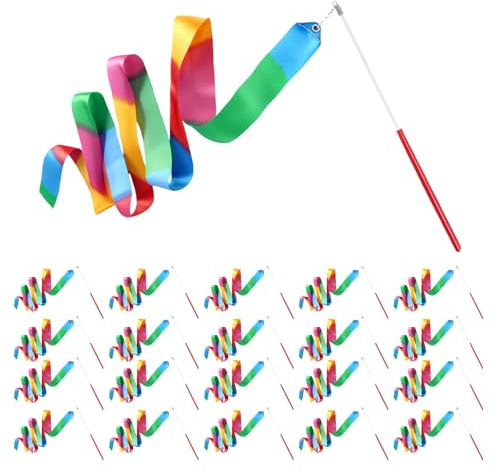 20 Stück Tanzband mit Stab, 2m Gymnastikband fur Kinder, Dance Ribbon, Rhythmische Sportgymnastik Band, Kinder Tanzen Streamer Luftschlangen Lange Dance Ribbons für Geschenke Kindergeburtstag