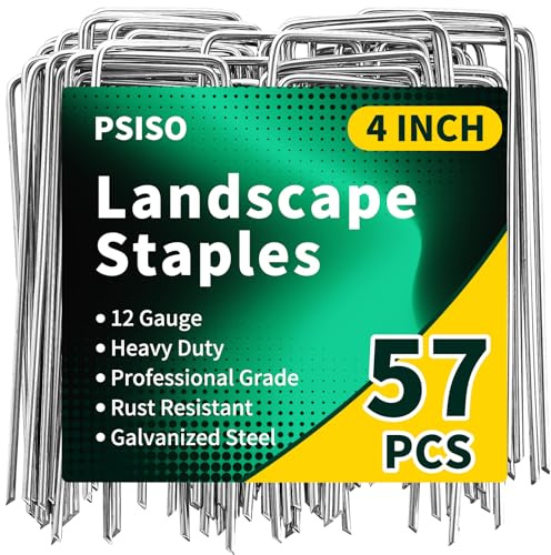 PSISO 57 Pack 4 Inch Galvanized U-Shaped Garden Stakes Landscape Staples, 12 Gauge Heavy Duty Tent Stakes Ground Yard Lawn Pins for Landscaping, Weed Barrier Fabric, Fencing, Outdoor Decor