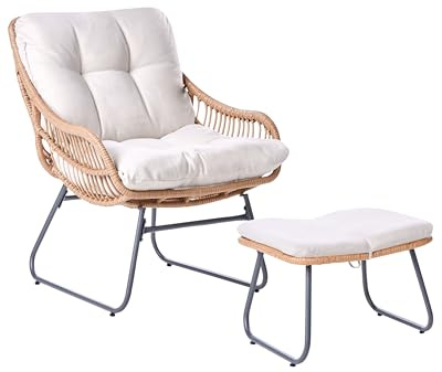 Beliani Sedia da giardino in rattan PE con poggiapiedi gambe in acciaio Cuscini beige chiaro Arredo giardino naturale