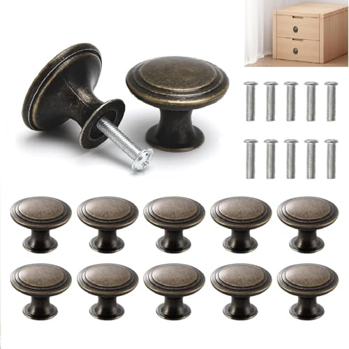 TMZELOA Lot de 10 boutons de meuble vintage en bronze antique, bouton de tiroir rond 30 mm en alliage de zinc, poignées de meuble cuisine faciles à installer pour commode, placard et meubles rénovés