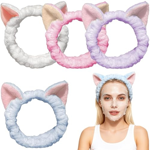 EJRUP 4 Piezas Banda para el cabello con maquillaje,Faciales de Spa,Orejas de Gato Diademas mujer,Yoga Ducha Envoltura Elástica,para Limpieza Facial Spa Lavado Ducha Lavarse la Cara