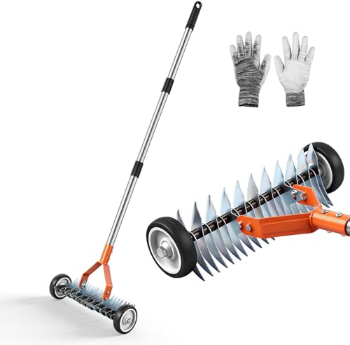Dibaful Rastrello scarificatore manuale in metallo per prato | taglio regolabile | Aeratore manuale con manico e ruote per giardino cortile