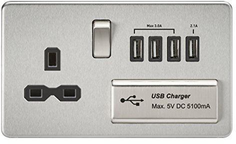 Knightsbridge SFR7USB4BC Screwless 1G 13A Switched Socket with Quad USB Charger 5V Dc 5.1A-Brushed Chrome with Black Insert, Silver